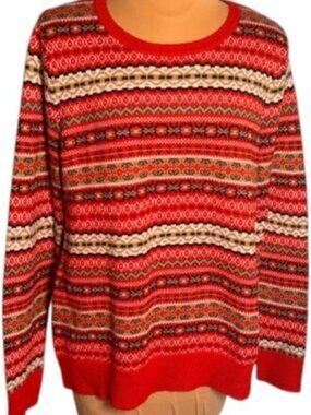 Talbots Red Fair Isle Nordic Sweater Cozy Crewneck Knit Size Large